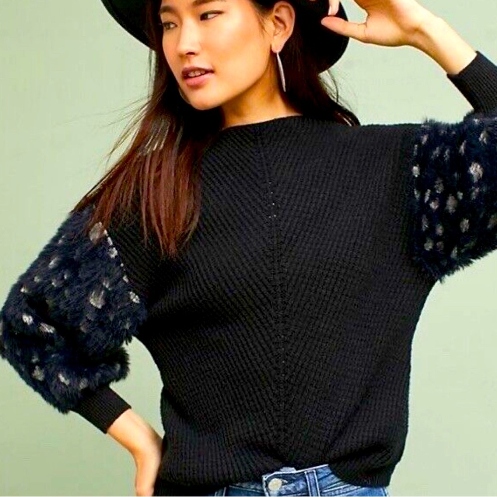 Anthropologie Knitted & Knotted Mock Neck Fuzzy Sleeve Sweater Size Small